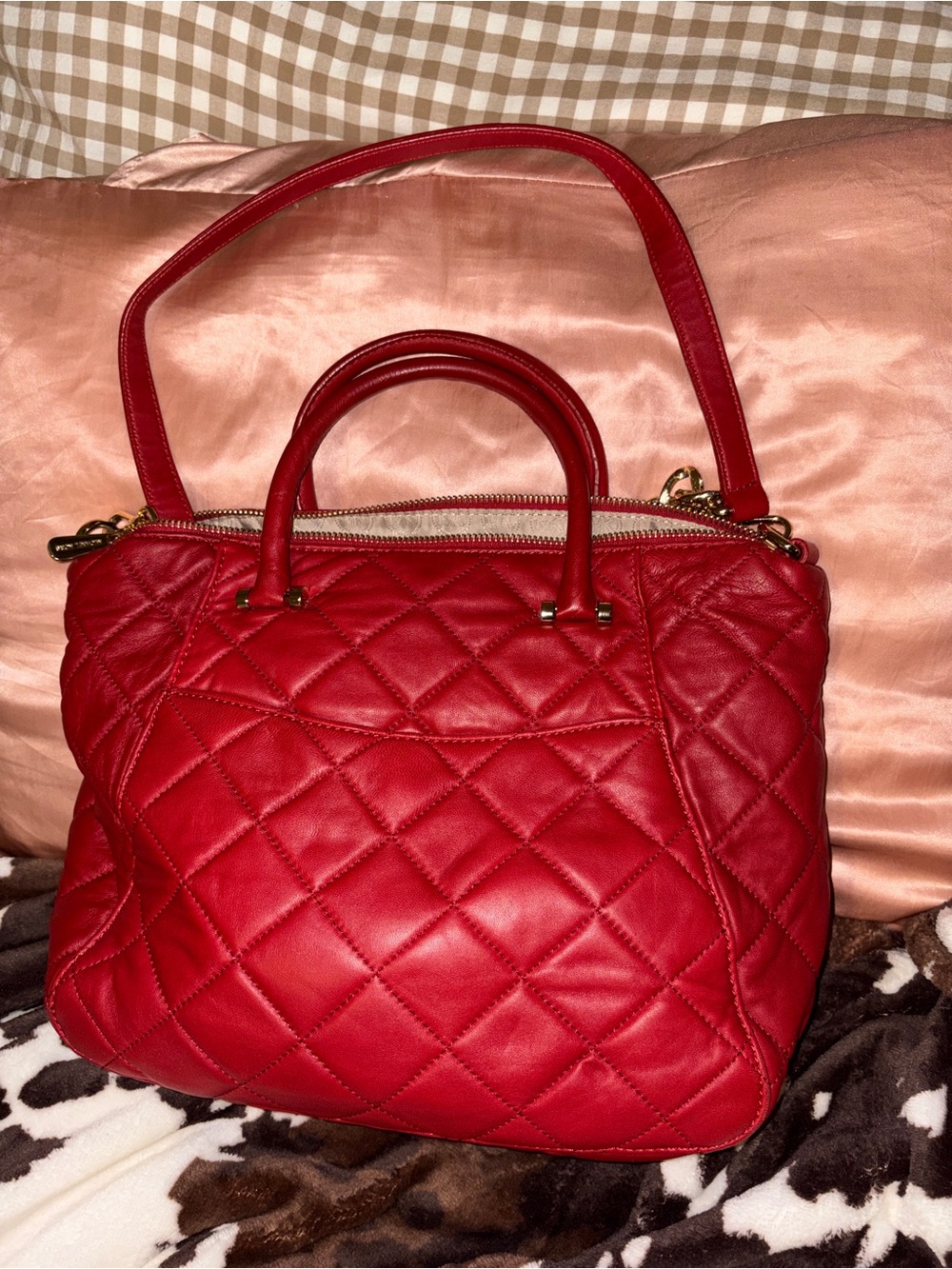 Michael Kors Red Quilted Leather Satchel with Gold Logo - Picture 2 of 3